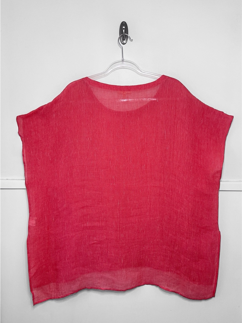 Eileen Fisher Pinstriped Linen Gauze Ballet Neck Boxy Tunic Top in Peony - Picture 8 of 10